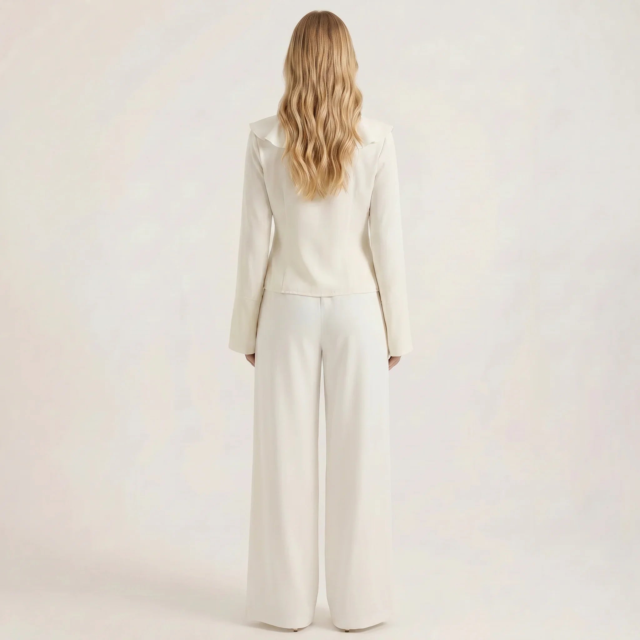 Ruffle V-Neck Blouse and High-Waisted Wide Leg Pants Two-Piece Set