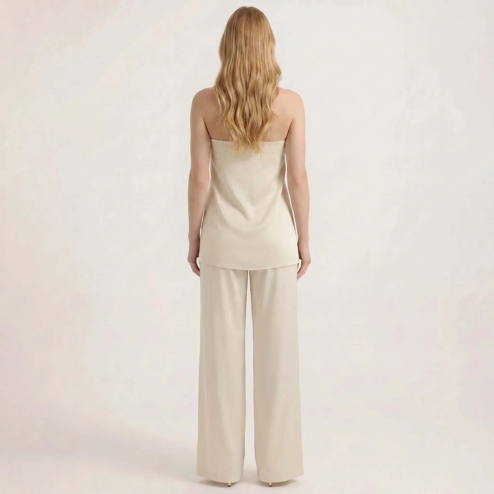 Strapless Satin Tube Top and Wide Leg Pants Two-Piece Set