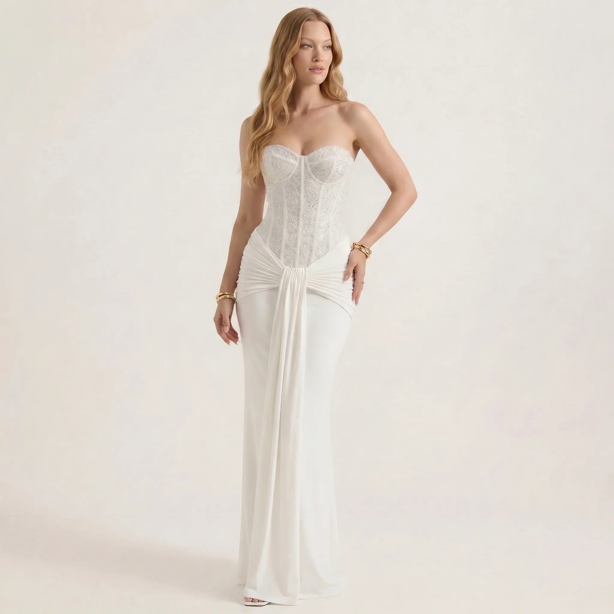 Strapless Sequin Evening Maxi Dress with Draped Waist